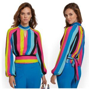 Women's New York and Company Striped Tie-Back Mock-Neck Blouse Size S